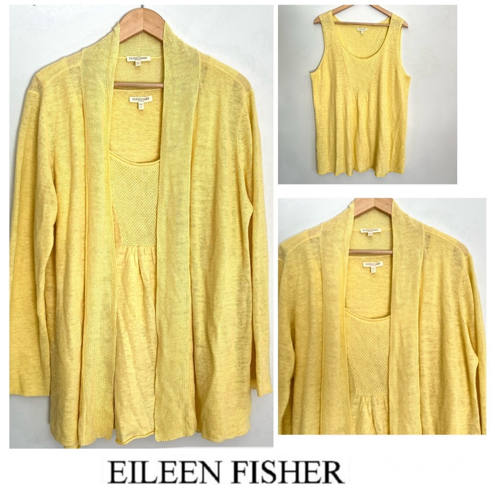 EILEEN FISHER 2Pc Set Yellow 100% Linen Cameo Open Long Sleeves Cardigan Sz 1X